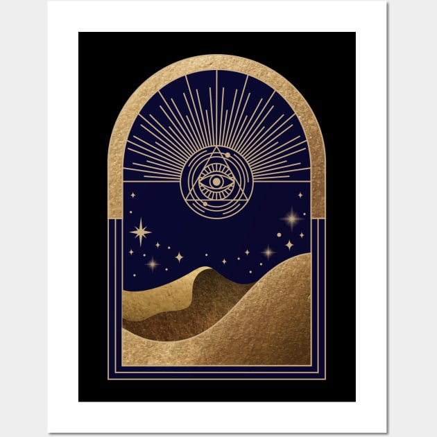 Mystical golden frame minimal style magical occult mystic elements evil eye stars and hills poster Wall Art by Modern Art